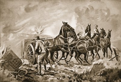 Driver King assisting in hooking a gun to a limber under heavy fire by George Derville Rowlandson